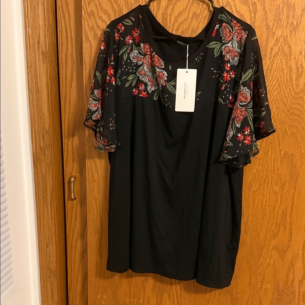 BloomChic Black Blouse with Red Floral Design